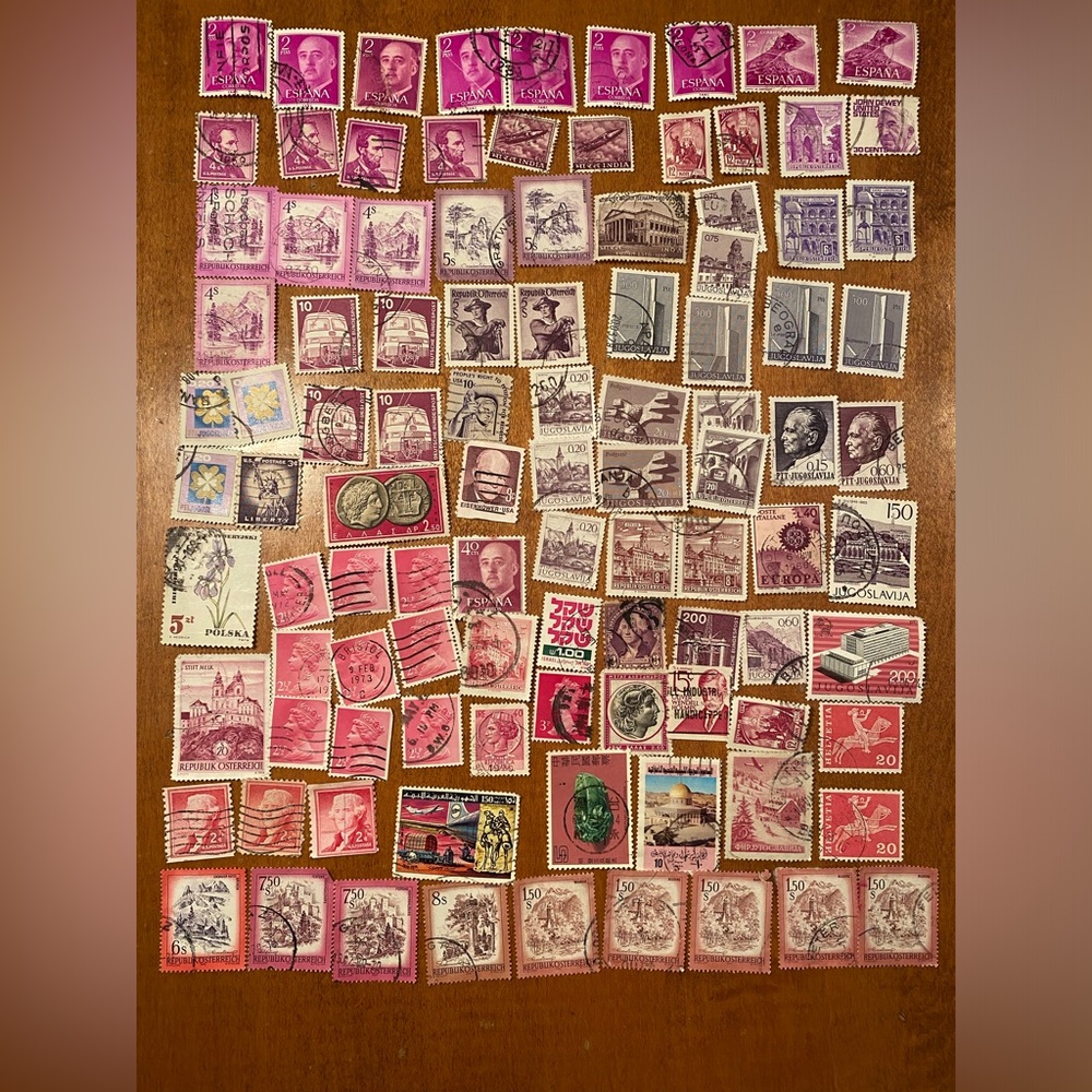Vintage international & USA Postal Stamps - over 100 postmarked. Pink/Purple#2